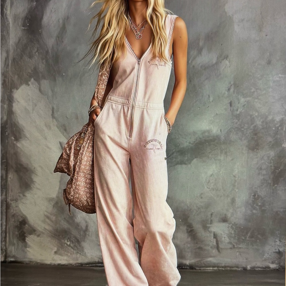 Sleeveless Zip-Front Wide-Leg Jumpsuit in Blush Pink